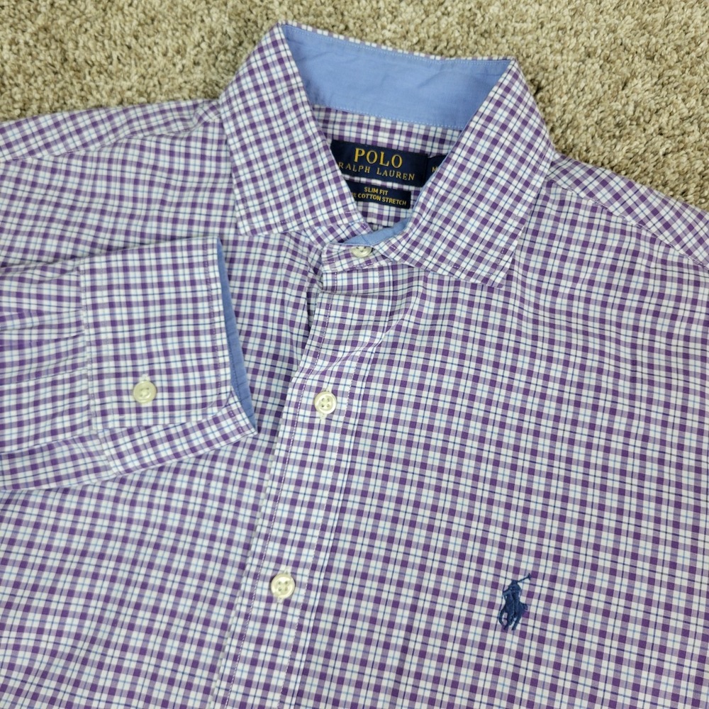 Polo Ralph Lauren Slim Cotton Stretch Mens Medium Purple Plaid Pony Button Up LS